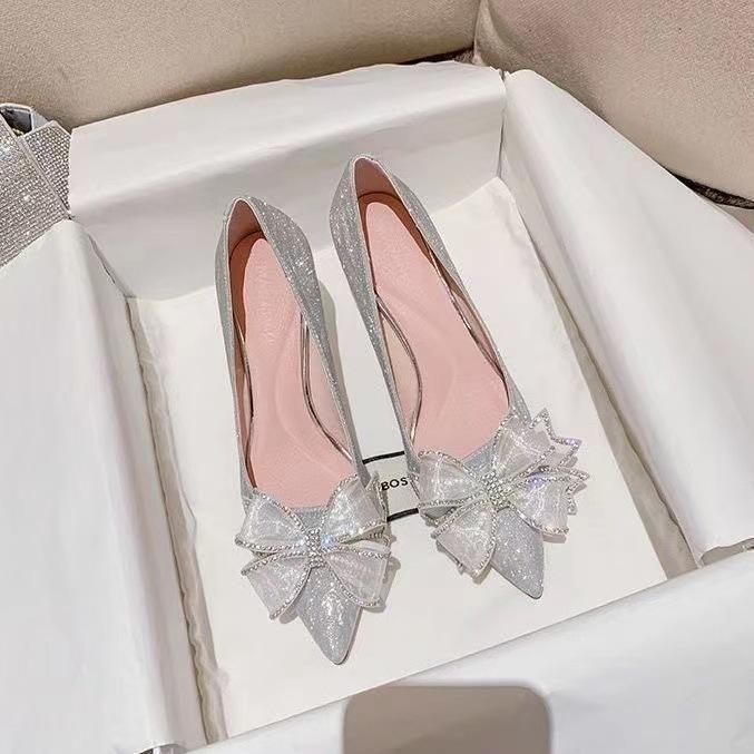 Серебряные хрустальные туфли на высоком каблуке большого размера французские свадебные туфли на тонком каблуке с острым носком золотые свадебные туфли с острым бантом женские туфли