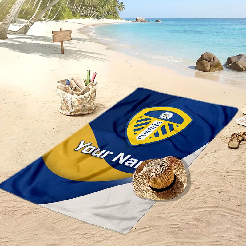 Leeds United Personalized Printed Beach Towel Soccer Logo Support Custom Name Text Absorbent Towel For Sport Travel Special Gift