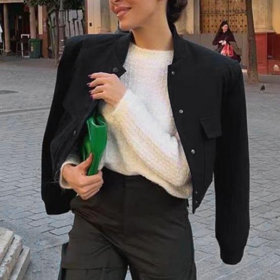 Женская повседневная куртка с длинными рукавами и воротником-стойкой, сплошной цвет, застежка на пуговицах, большой карман, короткие женские женские бомберы, укороченное пальто, верхняя одежда