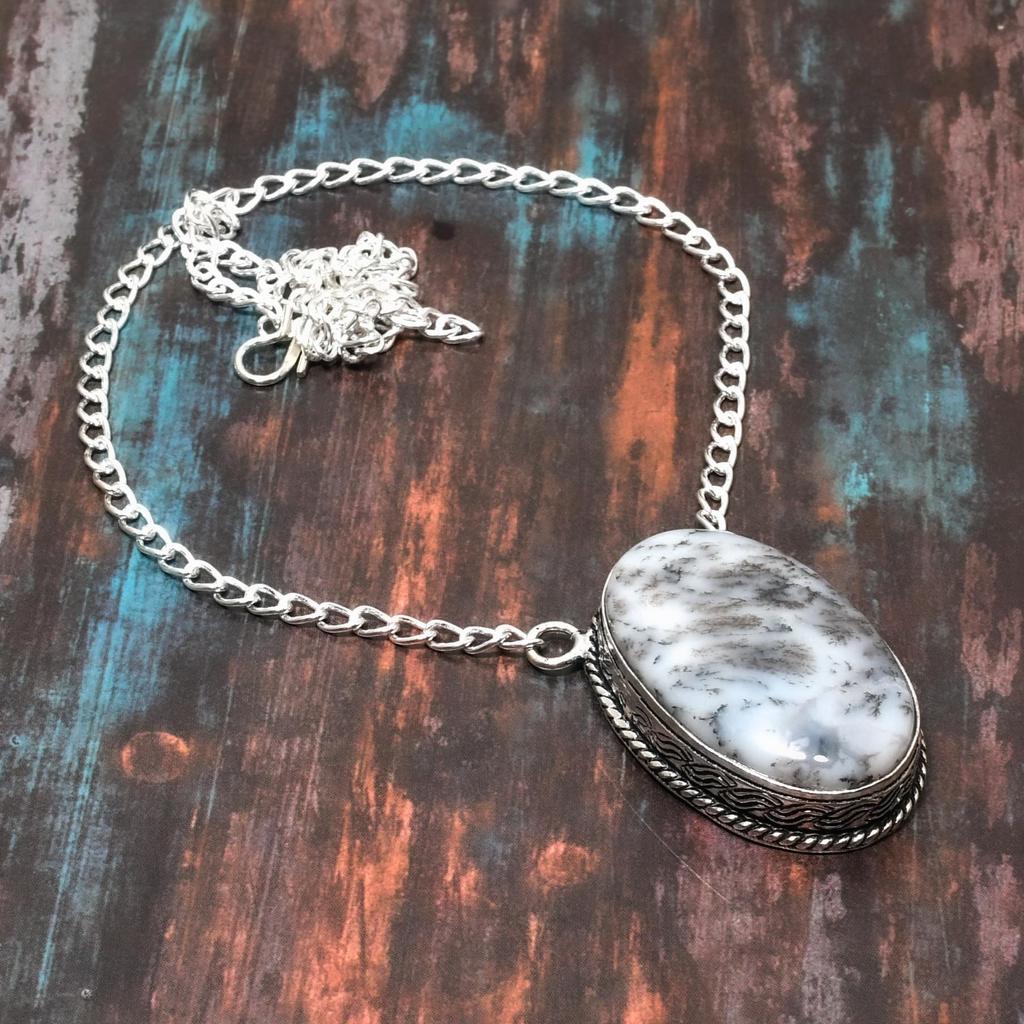Dendrite Opal Gemstone Handmade Solid 925 Sterling Silver Jewelry Necklace