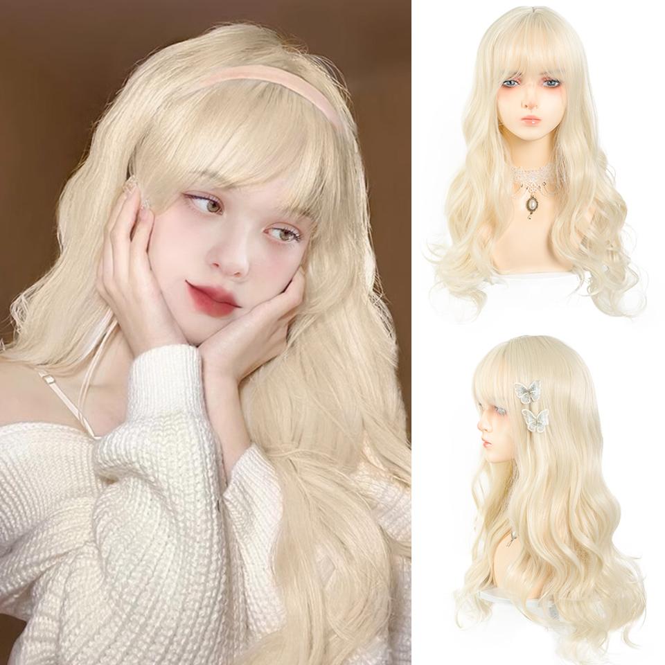 Бело-золотой длинный вьющийся синтетический парик для женщин Лолита ежедневная пушистая прямая челка Бело-золотой длинный вьющийся парик для женщин