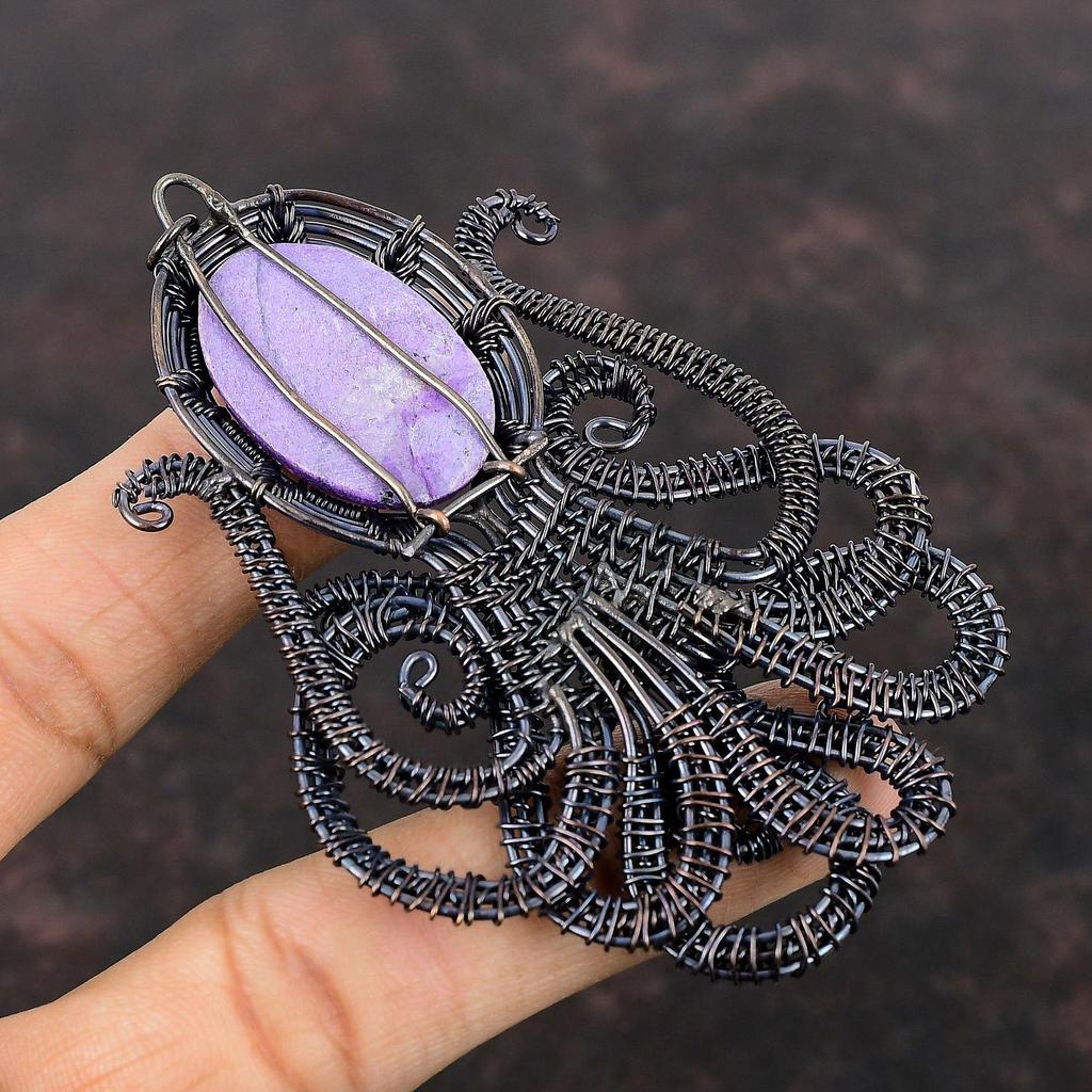 Подвеска из пурпурита, подвеска, обернутая медной проволокой, подвеска ручной работы, чудесная подвеска из драгоценного камня, пурпурит, медные украшения, подвеска-осьминог для подарков