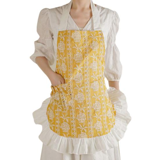 Женский кухонный фартук с карманами и капюшоном, хлопковый фартук с цветочной вышивкой, легкий дышащий фартук для готовки, кулинарный фартук в винтажном стиле с кружевными оборками