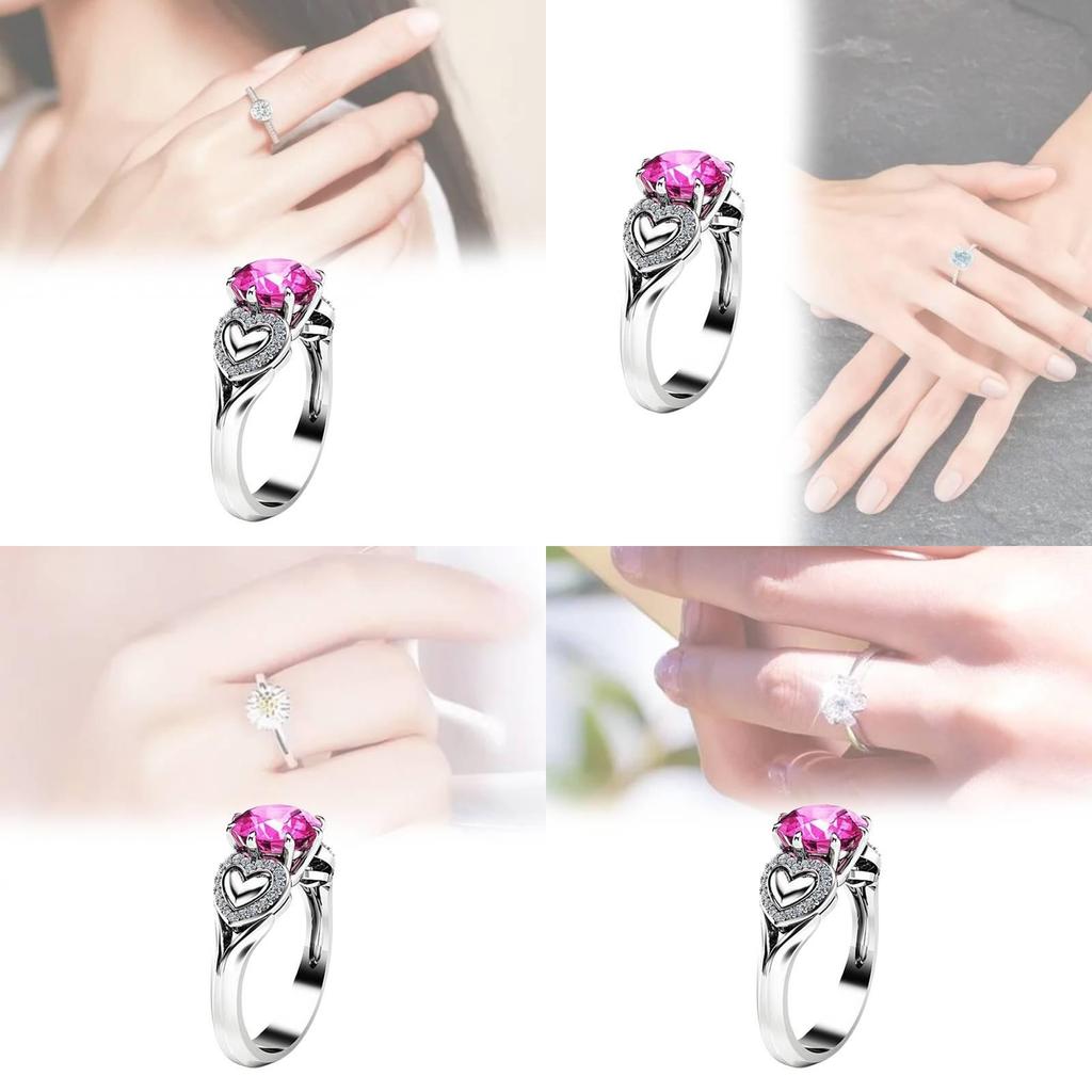Fashionable Heart Shaped Pink Zircon Crystal Ring With Silver Plated Adjustable Band For Women