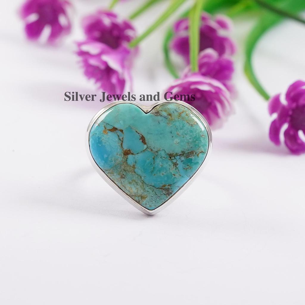 Natural Turquoise Ring, Heart Ring, Handmade 925 Sterling Silver Ring, Arizona Turquoise Ring, December Birthstone Ring, Gift for girlfriend
