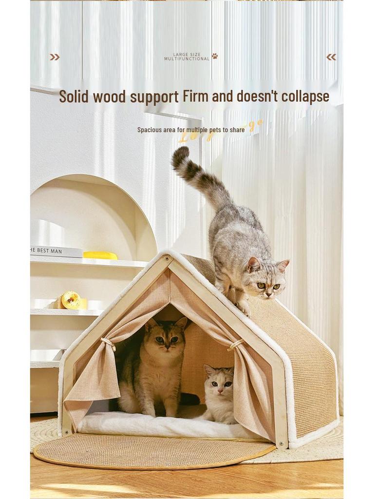 Super Large All-Season Cat & Dog House: Sisal Scratching Board, Solid Wood Enclosed Bed, Cat Tent Villa