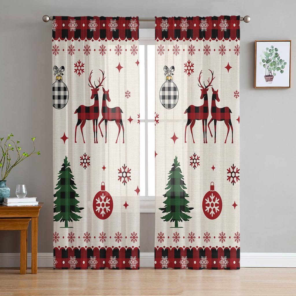 Christmas Window Curtain Snowflake Elk Tulle Curtain Sheer Valances Curtains For Living Room Home Decoration Drape Panel