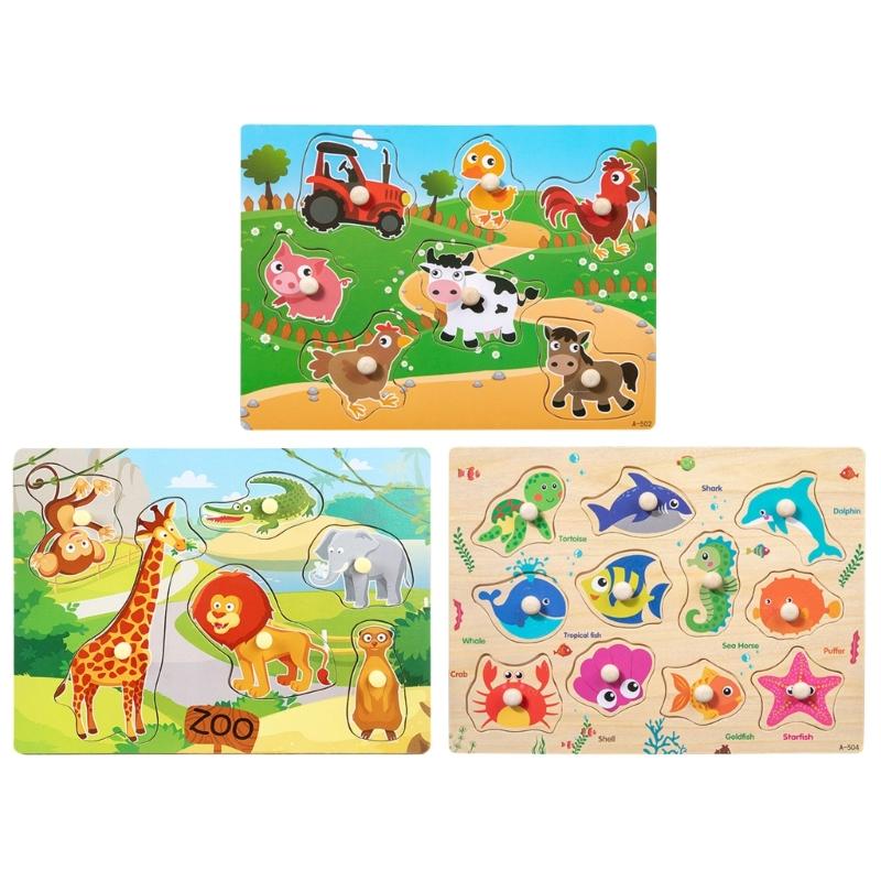 Wooden Farm Animals Marine Life Puzzle For Children Aged 3-6 Years Old Pegs Puzzle Hand Game