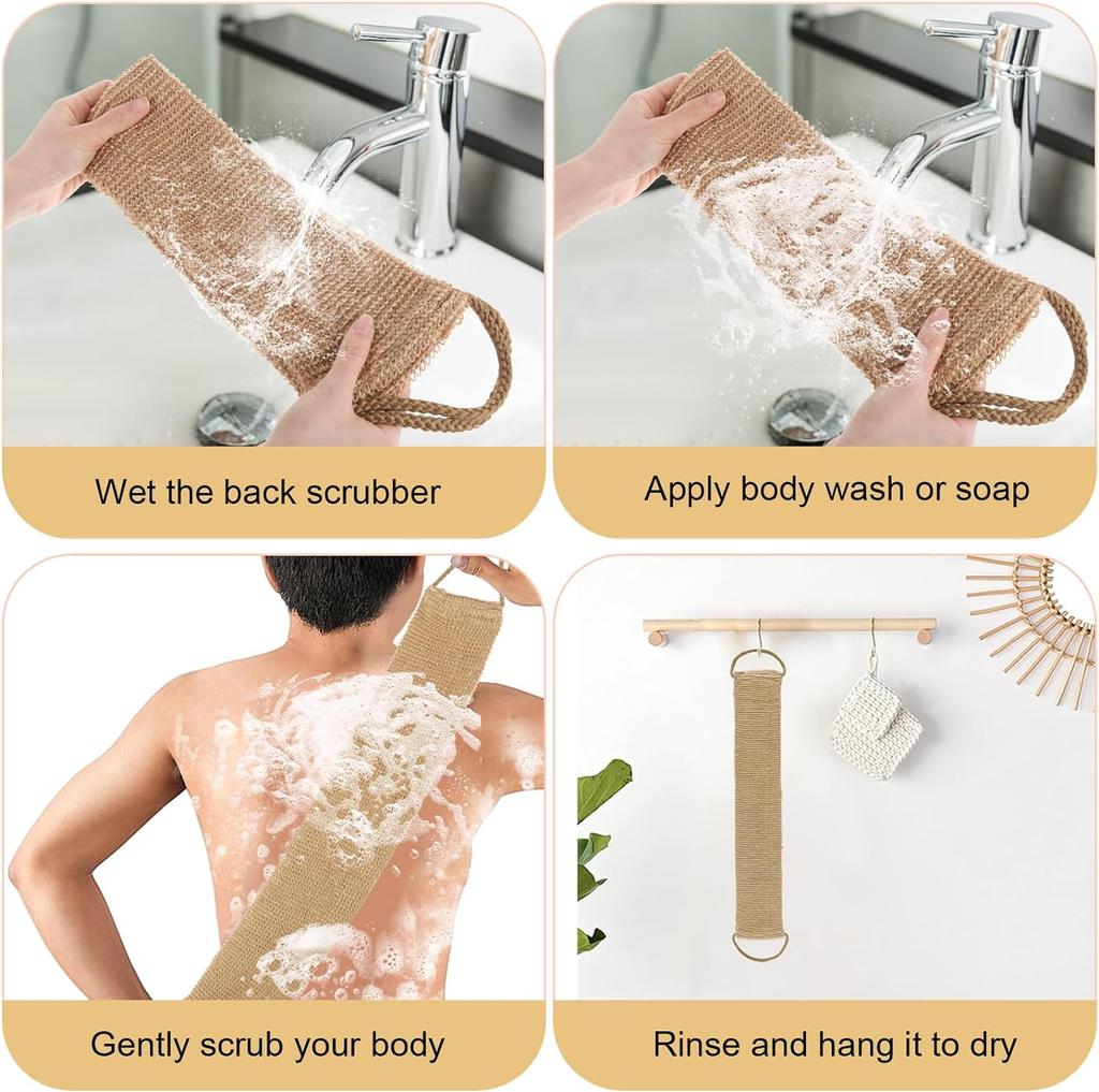 100% Natural Exfoliating Hemp Back Scrubber, Bath & Shower Body Brush Scrubber with Handle