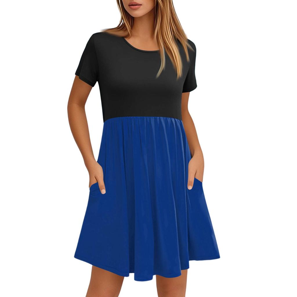 Женские модные повседневные свободные платья с круглым вырезом и коротким рукавом с цветными блоками и карманами