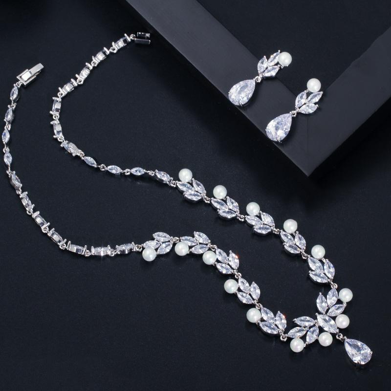 CMM Cubic Zirconia Paved Leaf Flower Drop Artificial Pearl Party Necklace Earrings Jewelry Sets for Women