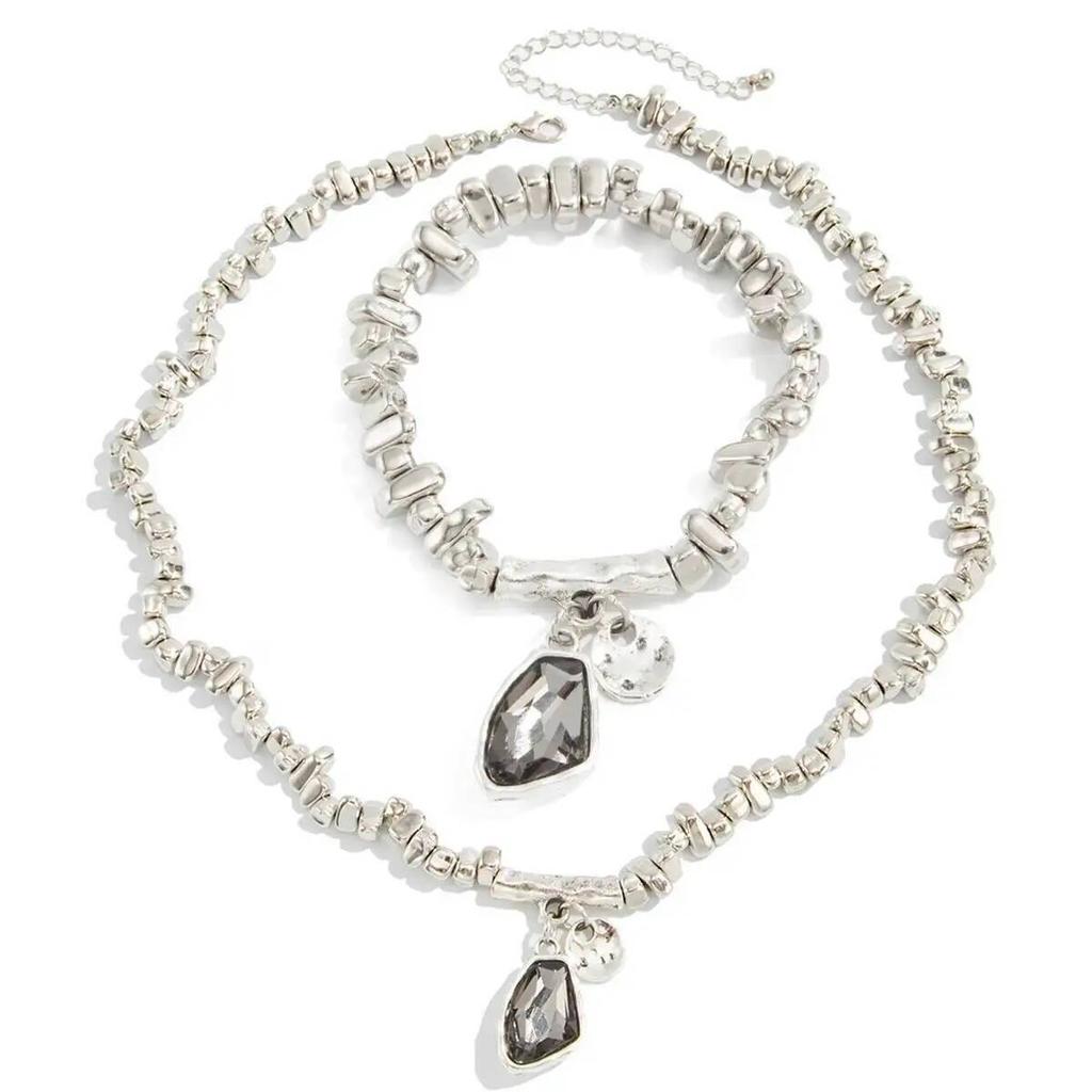 SHIXIN Elegant Sparkling Rhinestone Pendant Necklace Bracelet Jewelry Set for Women Minimalist Irregular CCB Bead Chain Choker