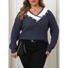 Imitation Pearl Beaded Top Plus Size Women's Clothing Color Block Patchwork Large V-Neck Loose Knitted Sweater