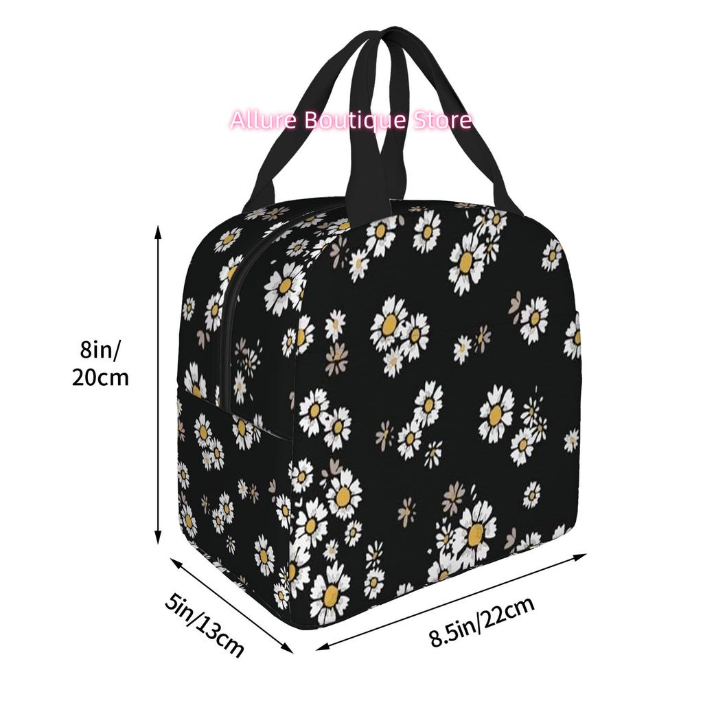 1pc a Black Thermal Bag Featuring a Daisy Print, Designed for Insulation. It Is Not Intended for Direct Food Contact And Is Suit