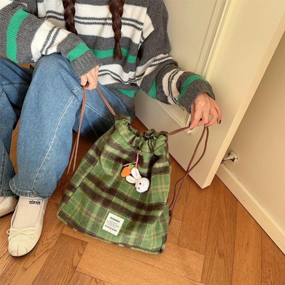 Большая вместимость клетчатая сумка на шнурке в корейском стиле Y2k школьный рюкзак в клетку на шнурке для девочек