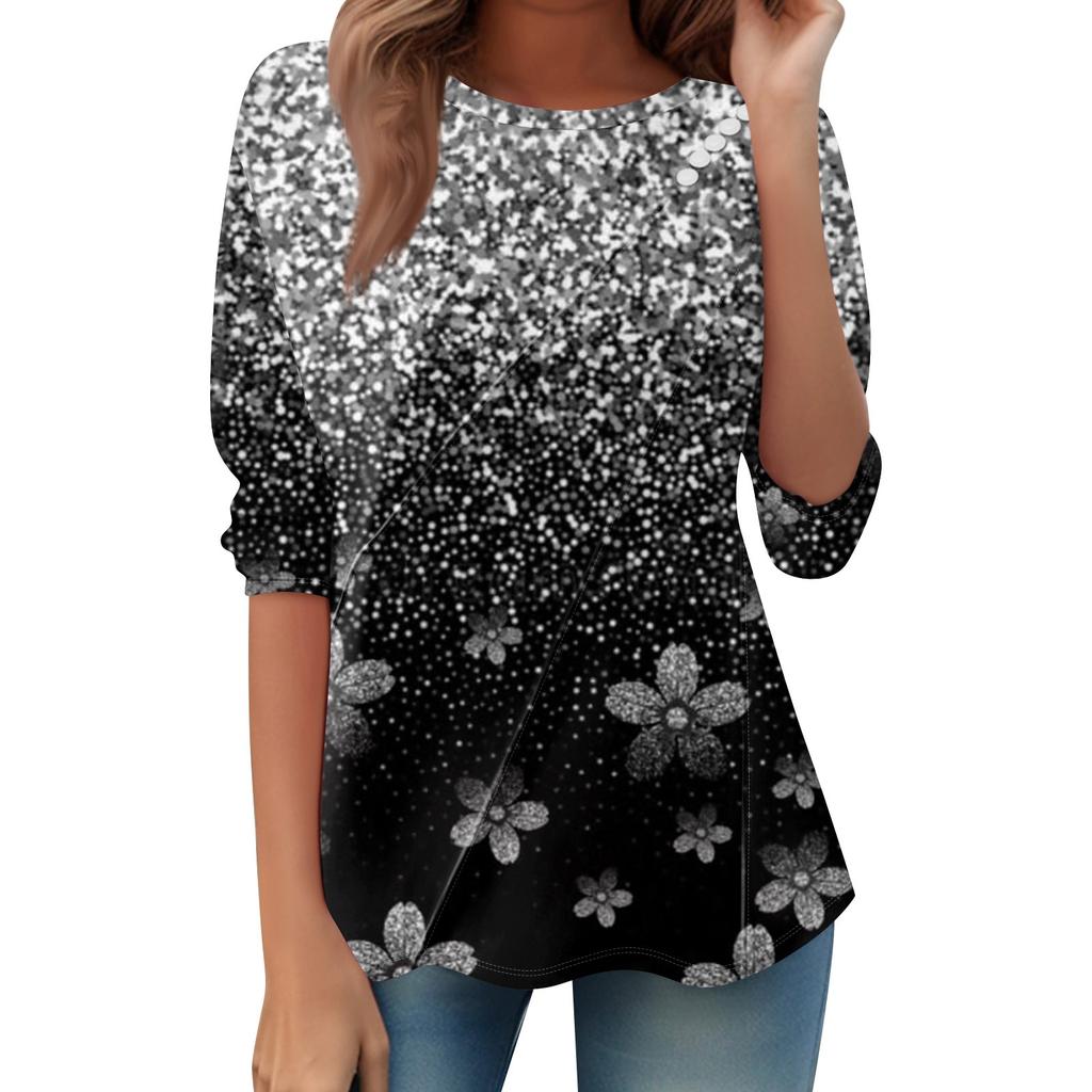 Women's Loose Casual Long Sleeve Top Round Neck Button Pull Stripe Prints T Shirt