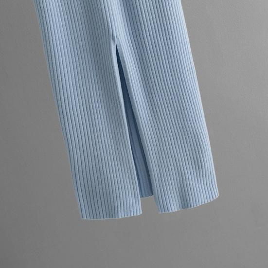 Женское платье-свитер осеннее с длинным рукавом, V-образным вырезом, в рубчик, с разрезом, длинное платье, повседневное облегающее платье миди