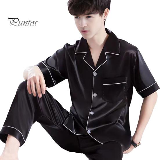 Комплект из 2 предметов: мужская пижама, лацкан, короткий рукав, пуговицы, планка, рубашка, эластичный пояс, широкие длинные брюки, свободный крой, одежда для сна