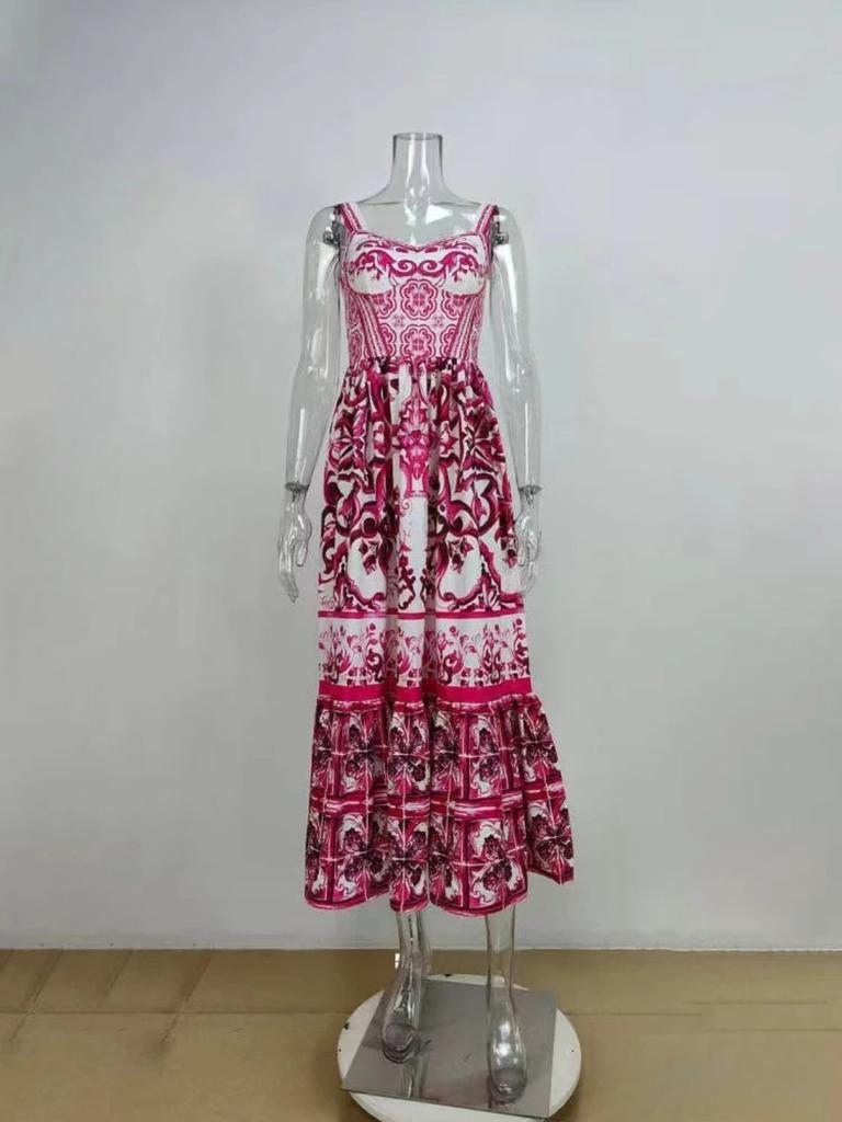 Новая квадратная горловина юбка-солнце облегающая высокая талия принт модное принтованное платье-комбинация без рукавов свободное платье-халат