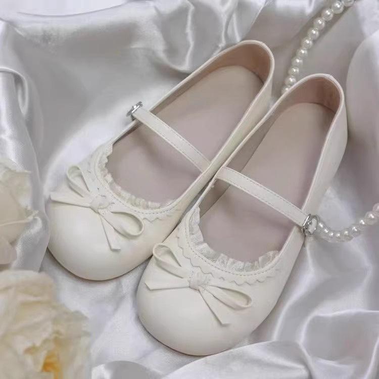 2025 New White Round Head Bow Flat-soled Single Shoes Women's French Retro Spring One-pedal Soft-soled Beanie Shoes
