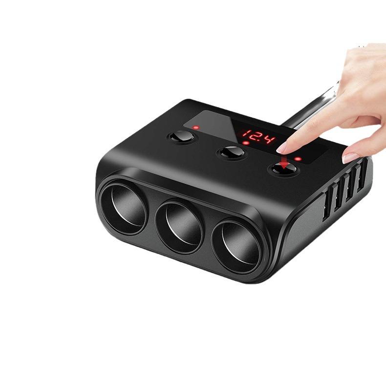 High Power Car Charger: 1 To 3 Lighter Socket Extension & 4-Port USB with Independent Switches TR12