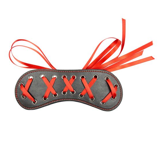 Fun Gift for Couples And Bedroom Use Black Faux Leather Blindfold Mask, Adjustable Bondage Eye Mask with Red Comfortable Cover Straps Ribbon,