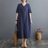 Летнее Новое Хлопково-Льняное Художественное Ретро Платье-Пуловер с Пряжкой А-силуэта Длинная Юбка