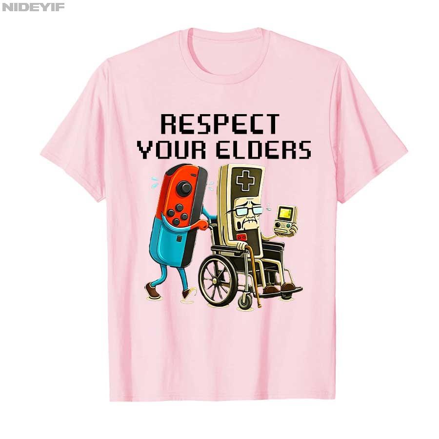 2026 Respect Your Elders Gaming Control Retro Funny Gamer Tshirt For Men Women 100 Cotton T Shirts Short Sleeve Tops