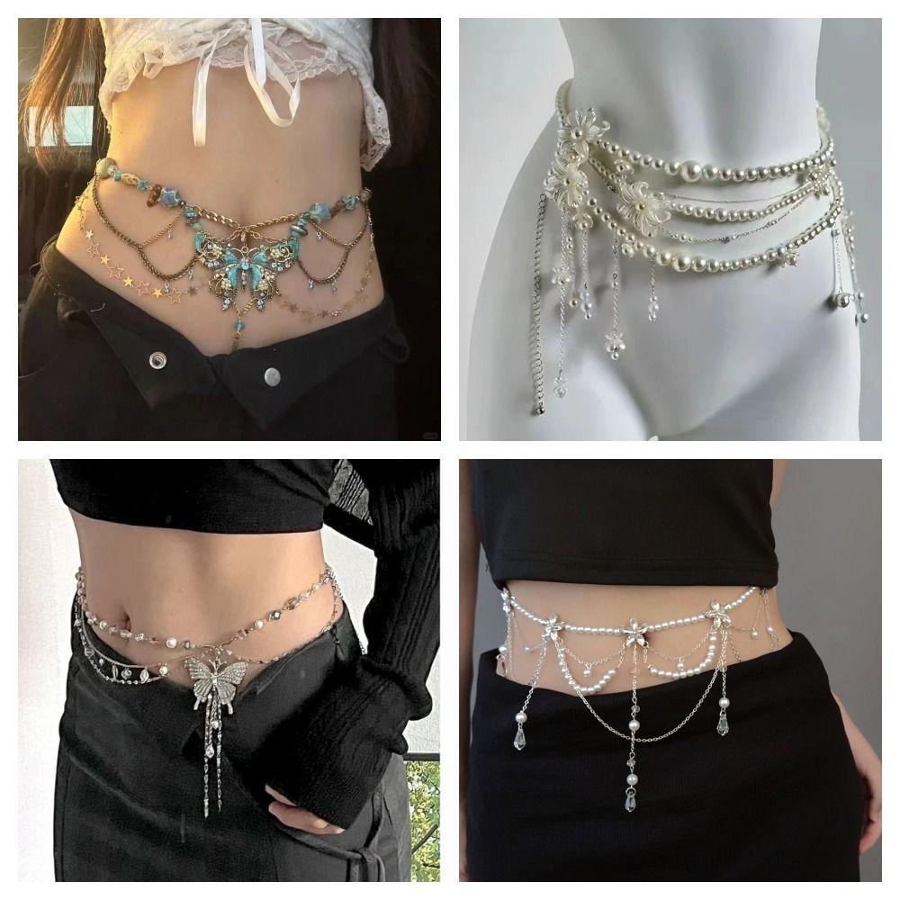 Elegant Multilayer Pearl Waist Chain Butterfly Belly Chain Retro Y2k Waistband Dress Accessories