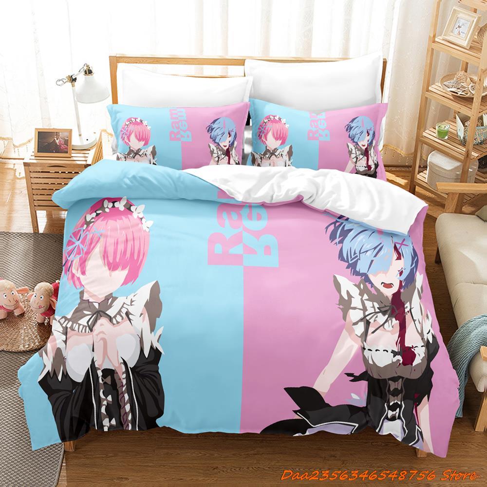 Re Zero Рем Рам Комплект постельного белья Мультяшный Аниме Трехсекционный Комплект Взрослый Детская Спальня Комплекты с Пододеяльником 3D Кавайная Девочка Комплект на Двуспальную Кровать