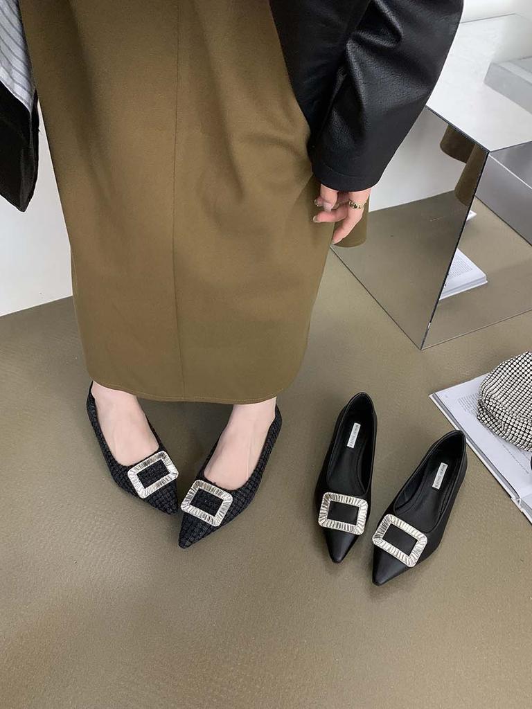 Fashion Casual Women Slides Flat Loafers 2024 New Arrivals Black Rhinestone Buckle 2024 New Arrivals Shallow Slip On Dress Shoes Woman