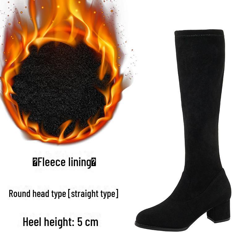 Женские сапоги из эластичной замши длиной до колена на высоком каблуке - Осень/Зима 2024 г. Длинные сапоги с круглым носком