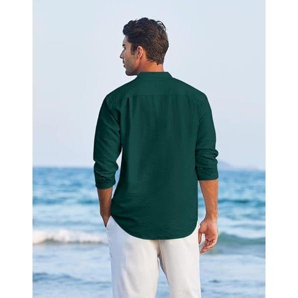 Мужская короткая курта из смесового хлопка с длинными рукавами и этническим дизайном горловины | Повседневная курта с мятой текстурой и воротником-стойкой