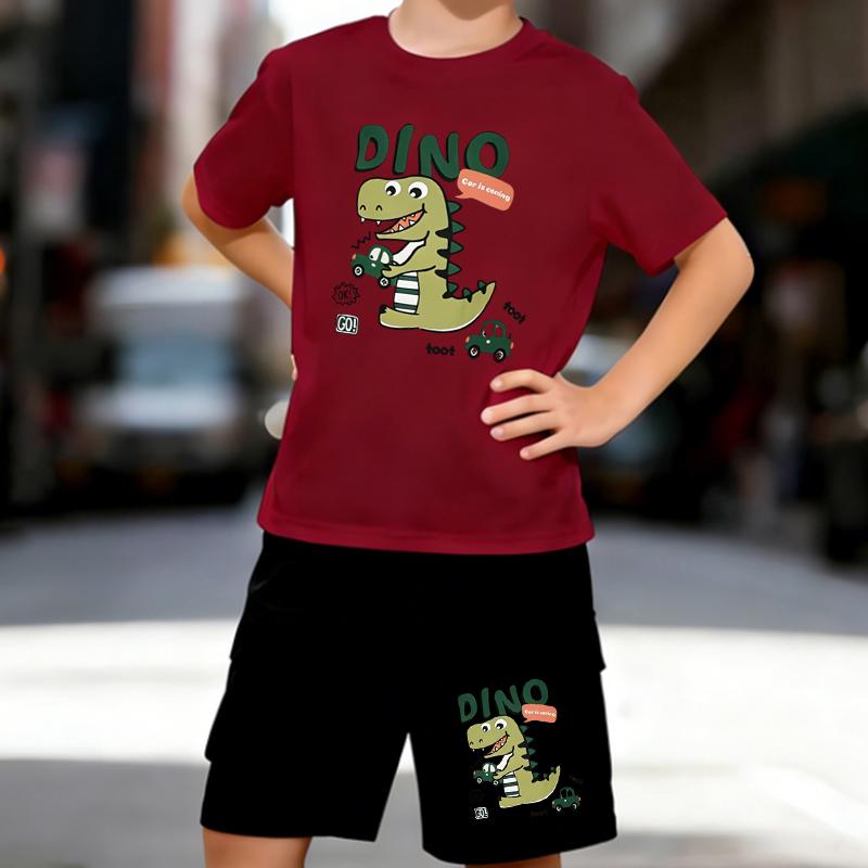 Boys 2 Piece Cartoon Dinosaur Print Outfit, Short Sleeve T-Shirt and Shorts Set for Kids Age 5-14,Black and White Sporty Casual Summer Clothes