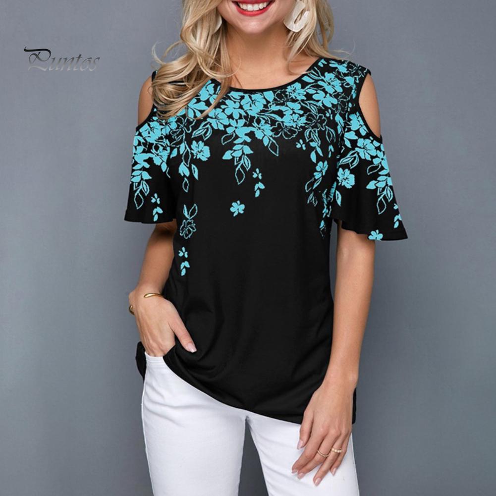 Женская сексуальная футболка с коротким рукавом с круглым вырезом и цветочным принтом, свободная футболка с открытыми плечами
