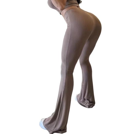 Women Flared Pants Elastic High Waist Solid Color Long Pants