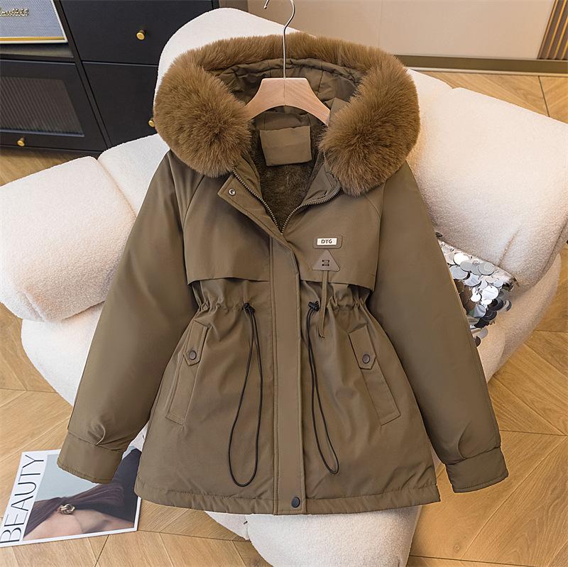 Parker Clothing Женская зимняя корейская версия The Waist Is Thin, с капюшоном Plus Velvet Cotton Clothing Куртка средней длины Хлопковое пальто