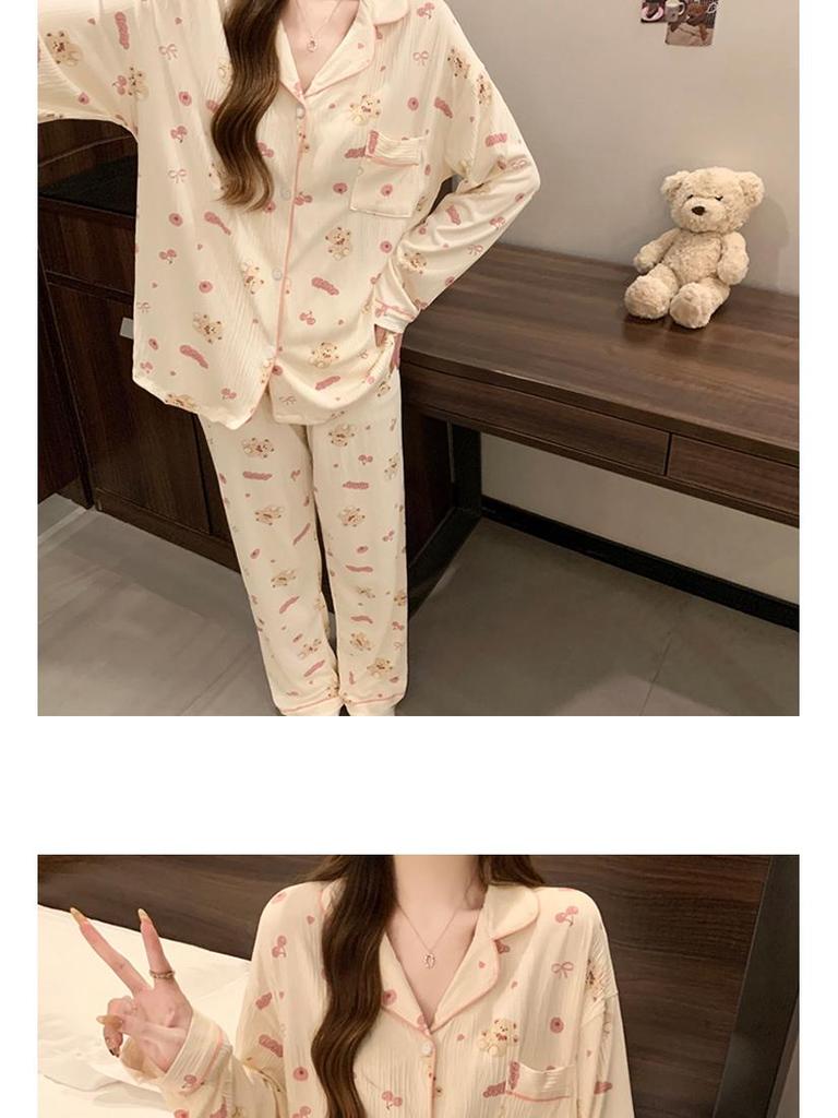 Milky Pink Cherry Bear Women's Cute Long Sleeve Pajama Set for Spring