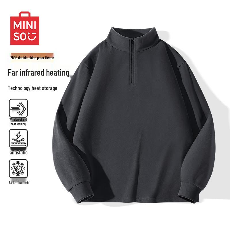 MINISO Мужская термофутболка с флисовой подкладкой, воротником-стойкой и молнией на половину длины