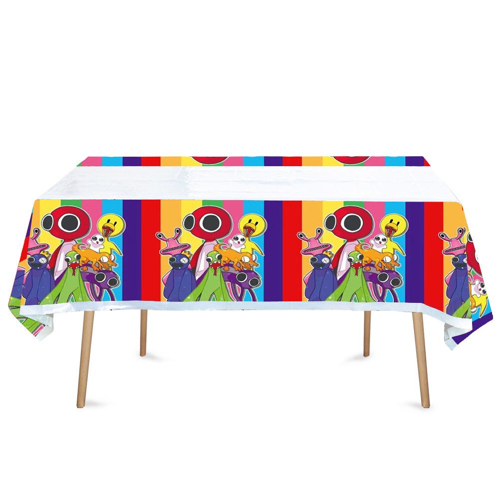 Набор посуды для вечеринки Rainbow Friends включает чашки, тарелки, салфетки и скатерть.