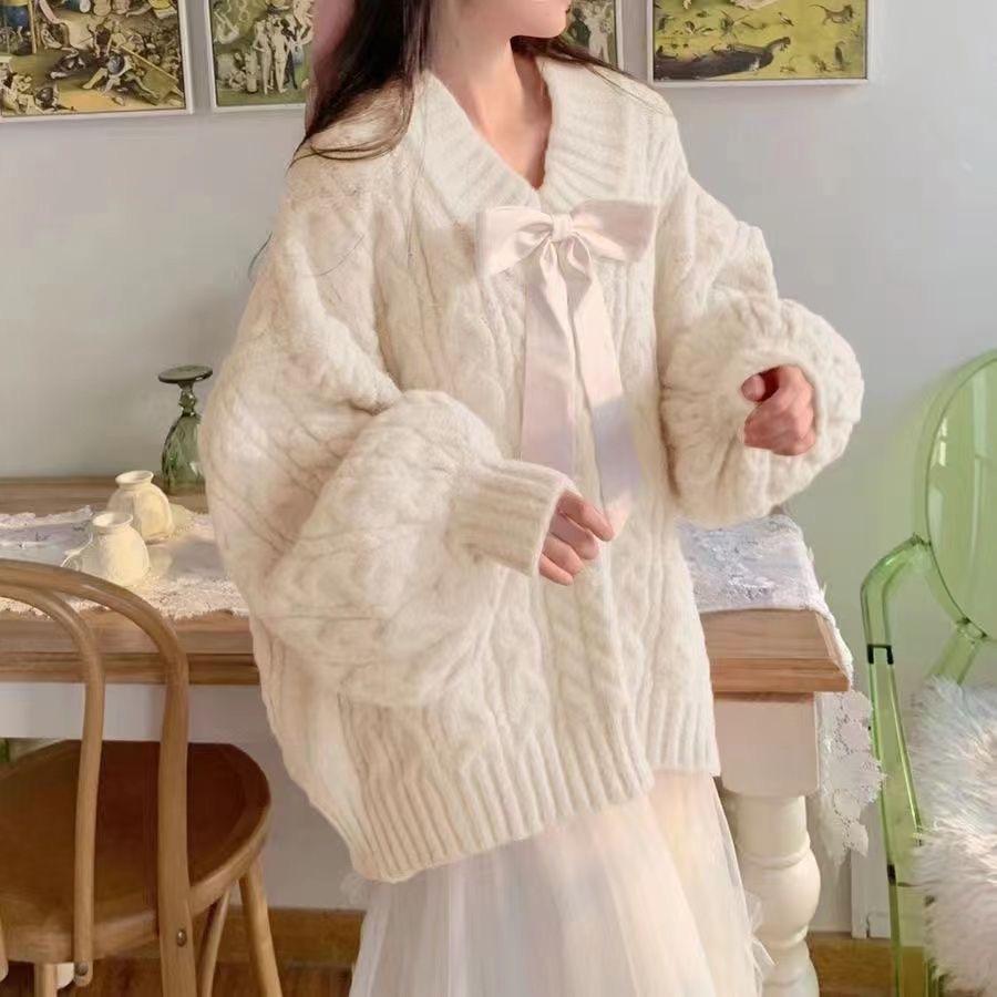 Winter Pink Kawaii Pullover Sweater Women Bow Loose Knitted Sweater Female Casual Korean Fashion Warm Sweet Sweater 2024 New