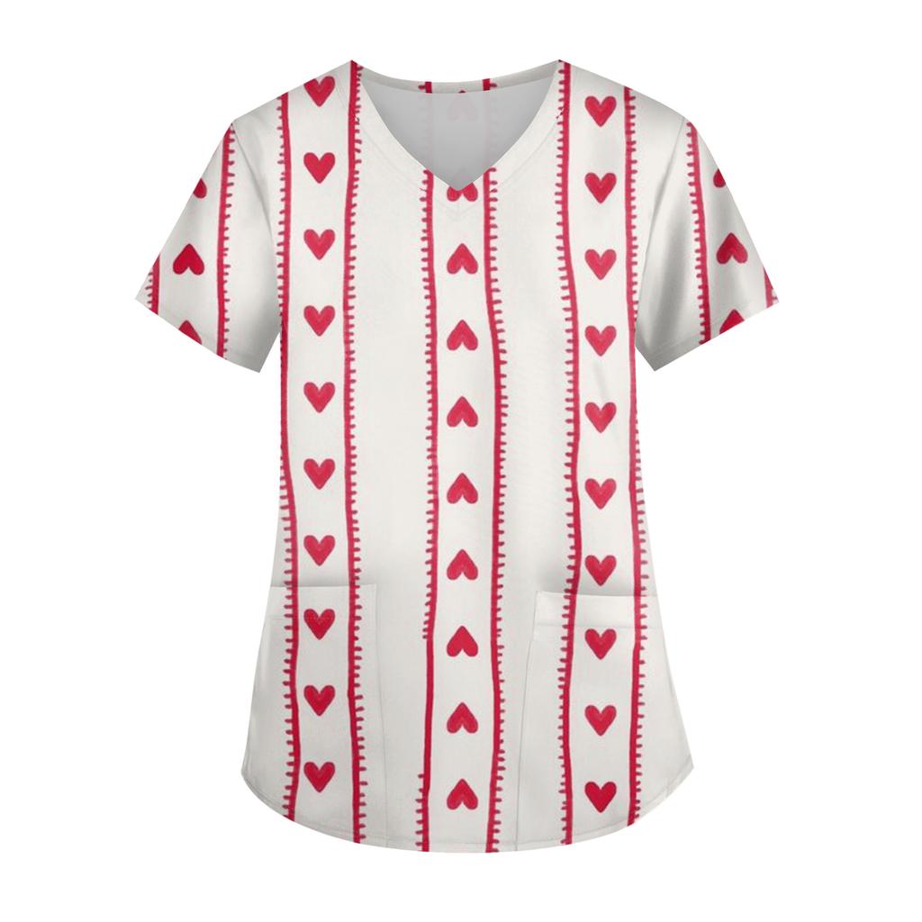Женская модная футболка с V-образным вырезом, карманом и короткими рукавами с принтом ко Дню святого Валентина, униформа и топ для воспитателя