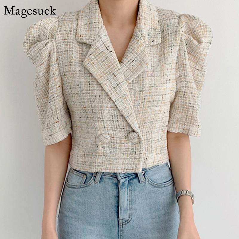 Лето-Осенняя винтажная женская куртка, костюм с воротником-бухой и коротким рукавом, клетчатые женские пальто, куртки, укороченный топ, женские куртки, рубашки 15497