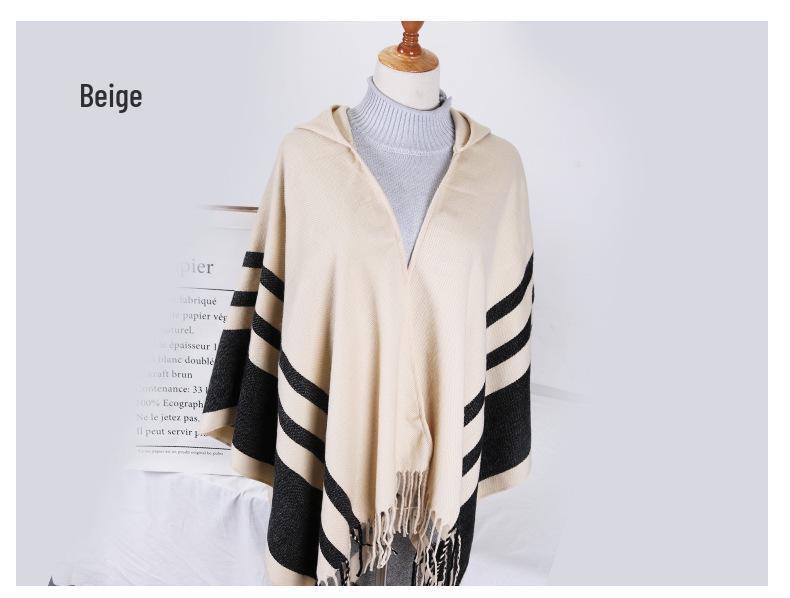 Women's Hooded Cape Shawl: Warm Autumn/Winter Tassel Slit, Two-way Imitation Cashmere Scarf