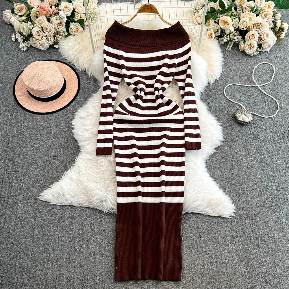 Платье-футляр с открытыми плечами Falda Sexy Mujer Slash Neck Striped Color Block Slim Knitted Bodycon Dress Autumn Wrapped Dresses ChicDresses