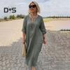 Women Dress V Neck Button Decor Long Sleeve Loose Solid Color Plus Size Mid-calf Length Simple Style Commute Daily Wear Midi Dress