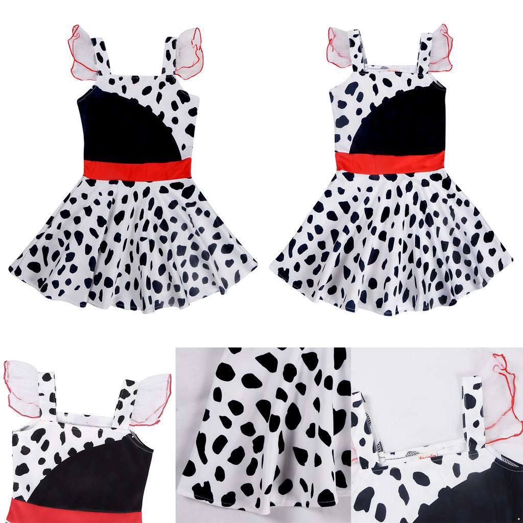 Toddler Girls Puppy Print Dress Ruffle Sleeve Cosplay Outfit for Halloween Carnival Role Play and Casual Holiday Wear