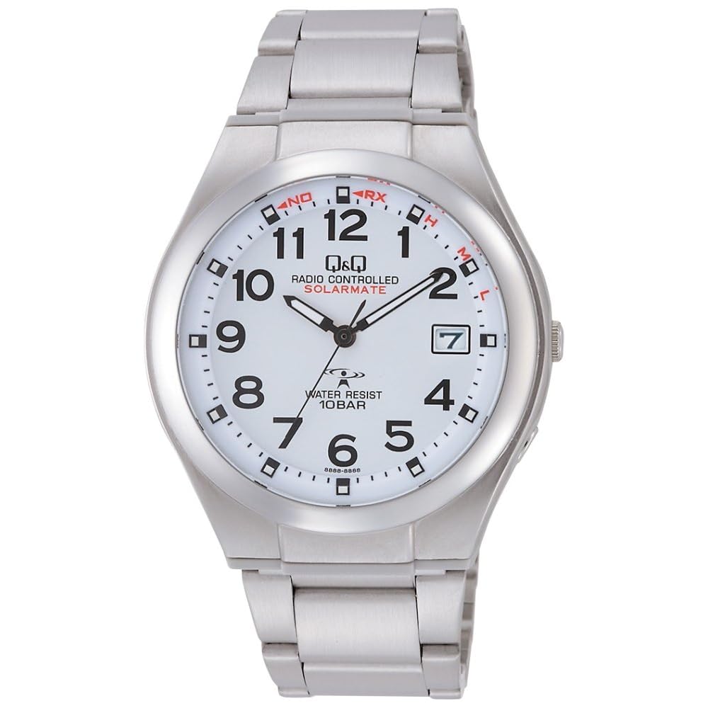 Citizen Q&Q Analog Solar Radio-Controlled Waterproof Watch with Date Metal Band Men's White