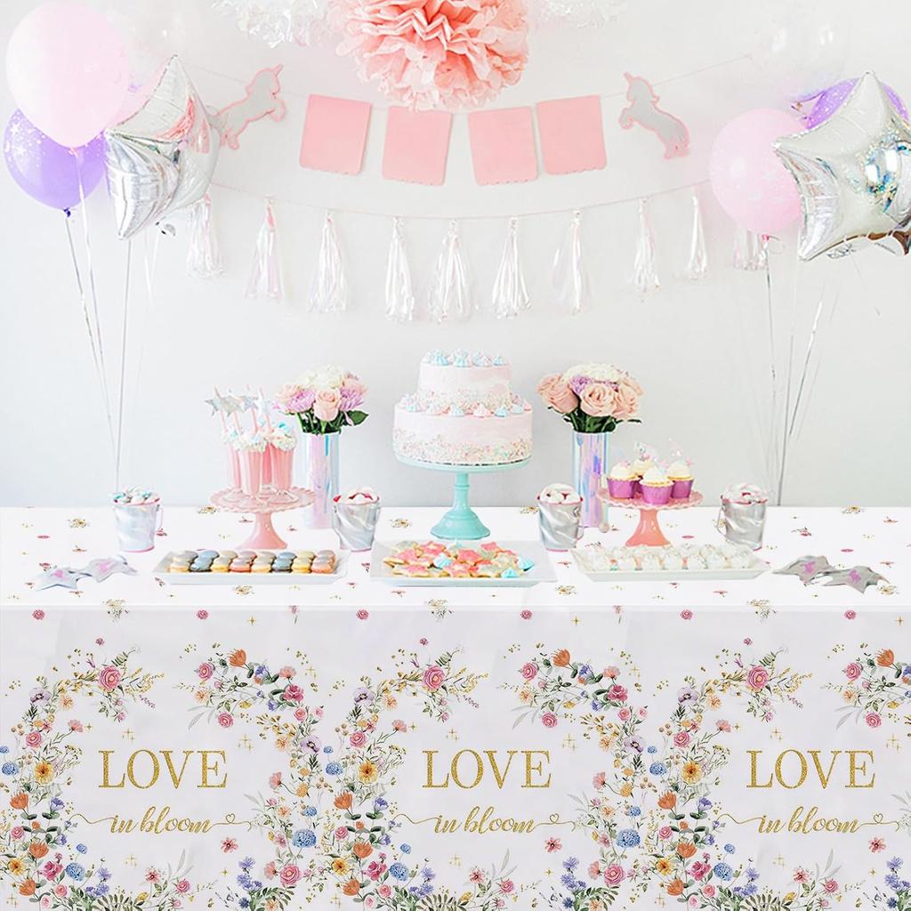 MEHOFOND 3 Pcs Love in Bloom Bridal Shower Tablecloth, Wildflower Wedding Showerr Plastic Disposable Tablecloth Rectangle Table Covers for Spring
