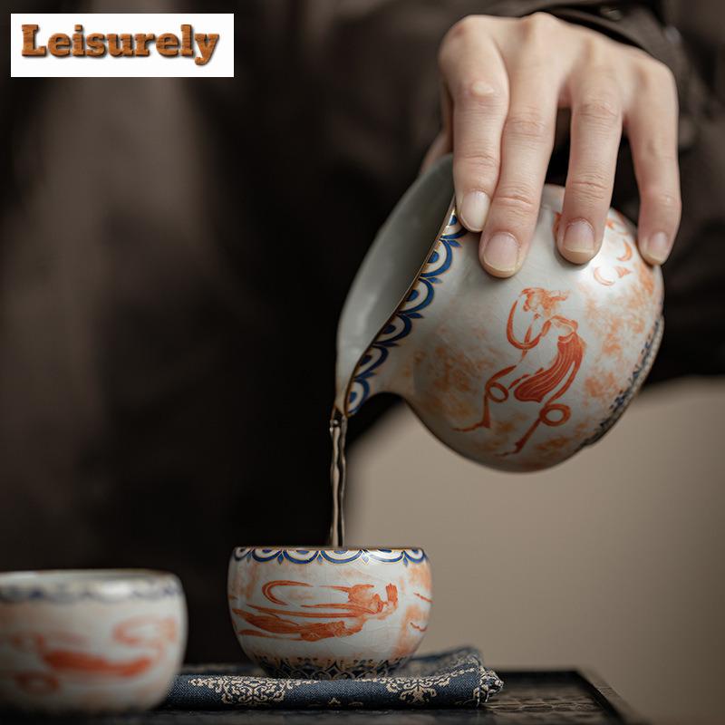 2pc/lot Dunhuang Apsaras Ceramic Teacup Imitation Song Ru Kiln Master Cup Small Round Tea Bowl Meditation Cup Kungfu Teaset 50ml
